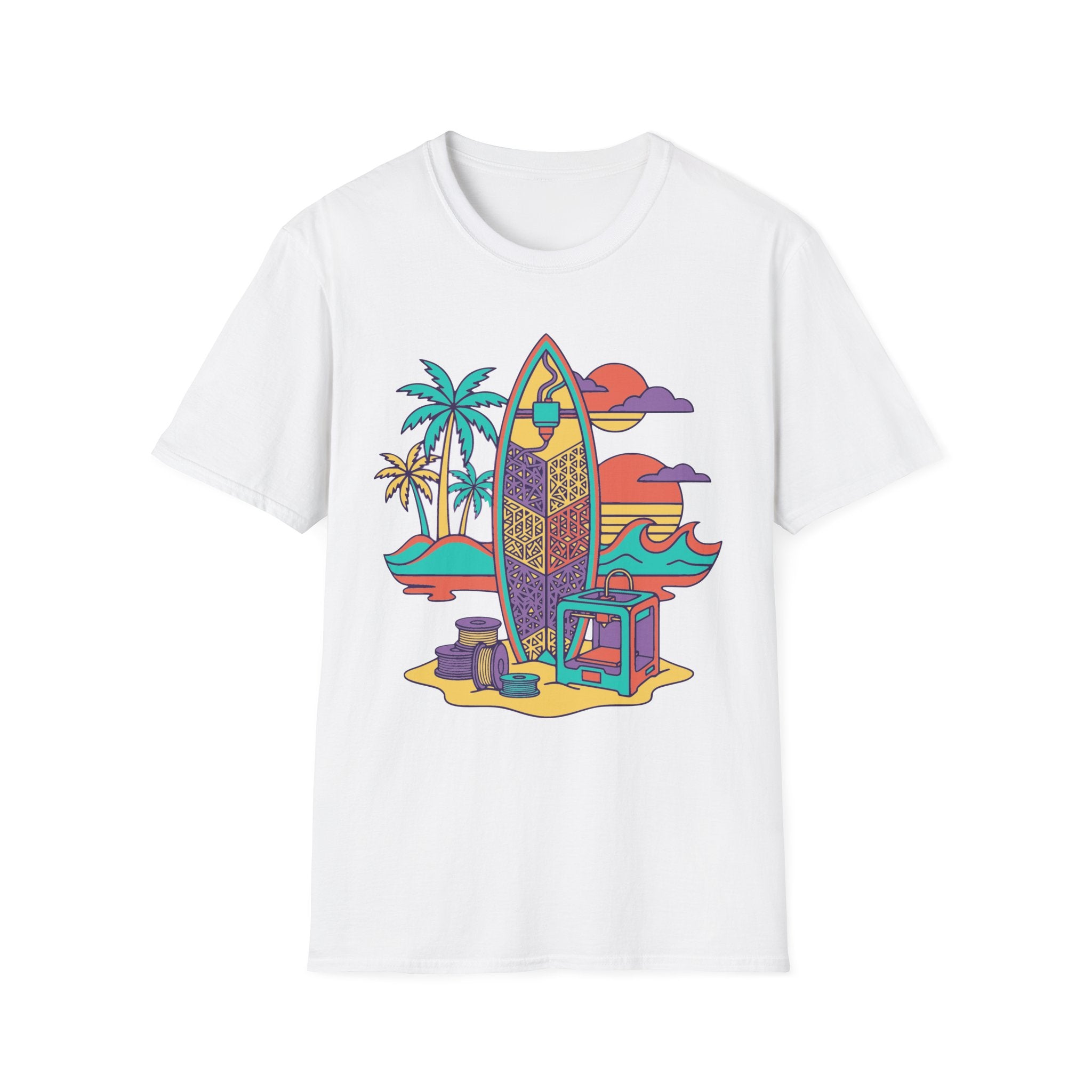 Retro Surfboard Beach Scene T-Shirt | Sunset Palm Waves