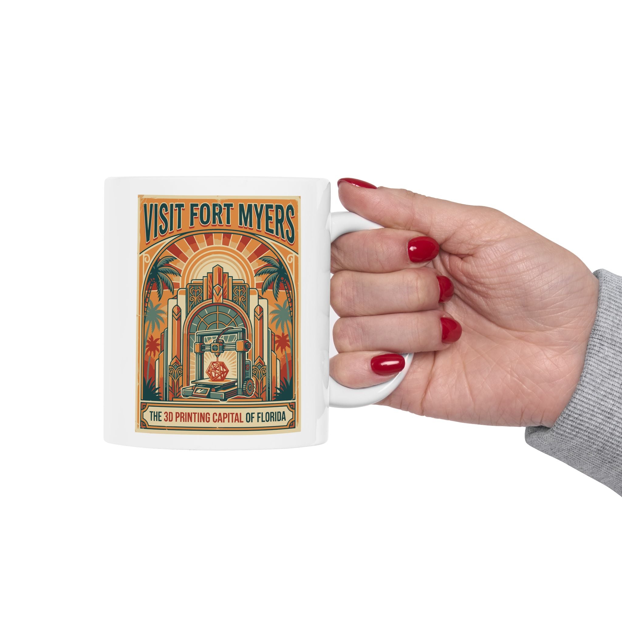 Vintage Palm Trees Coffee Mug – Retro 'Visit' Tropical Travel Poster Design (11oz/15oz)