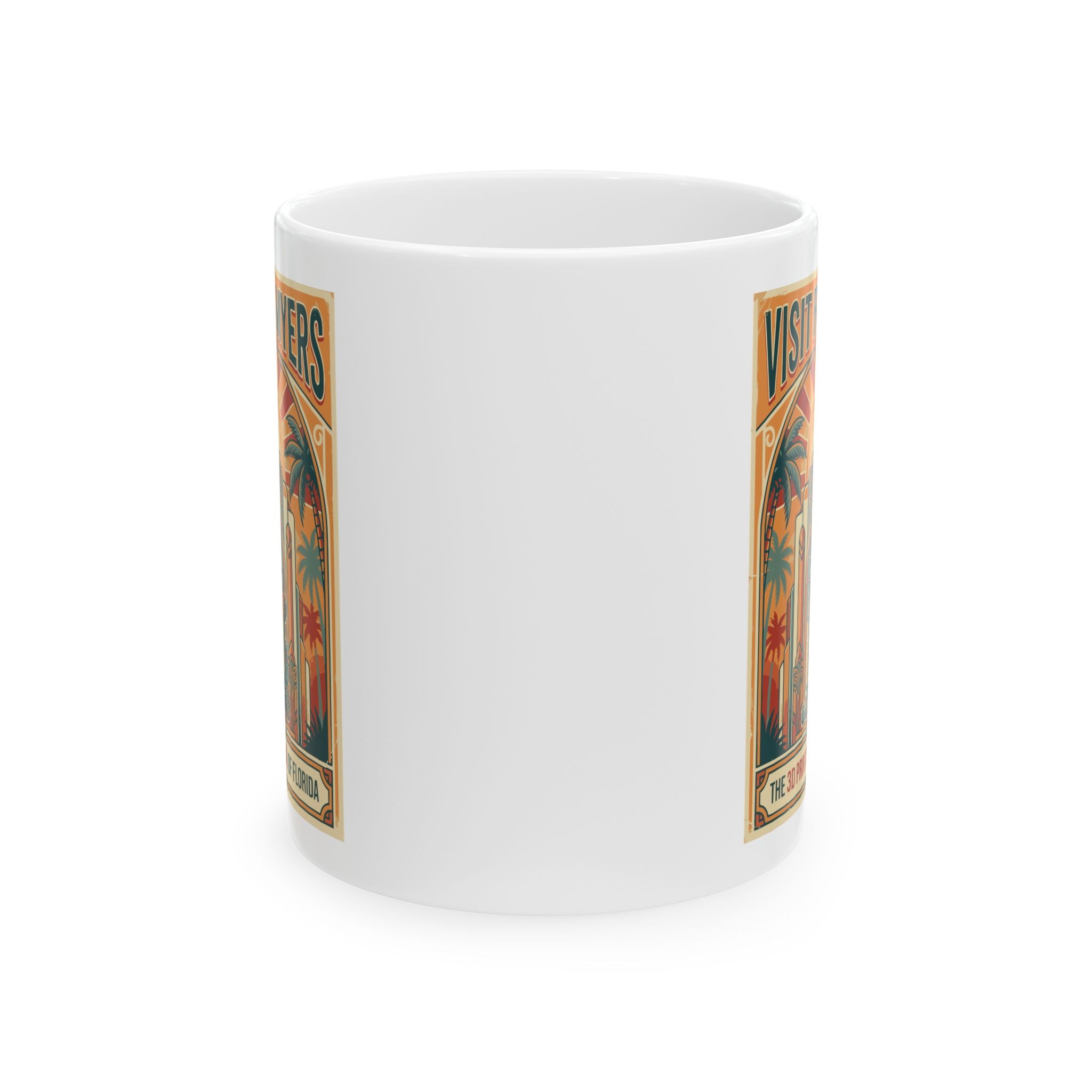 Vintage Palm Trees Coffee Mug – Retro 'Visit' Tropical Travel Poster Design (11oz/15oz)