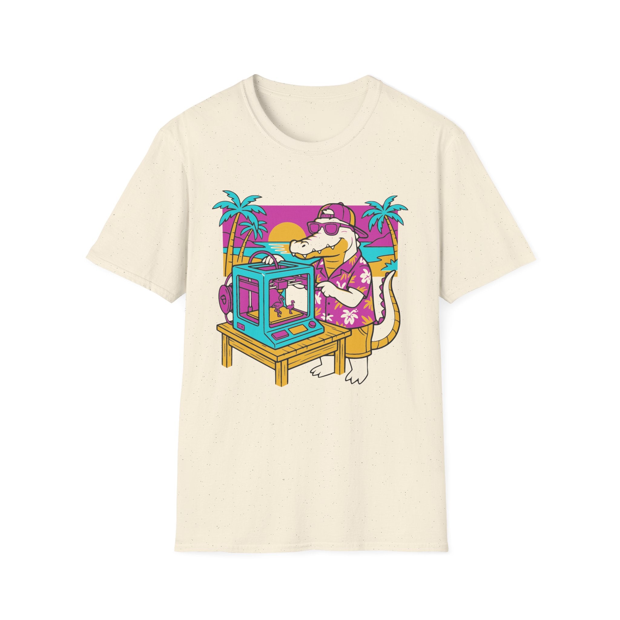 Retro Crocodile Playing Arcade Machine T-Shirt | 80s Sunset Palm Beach