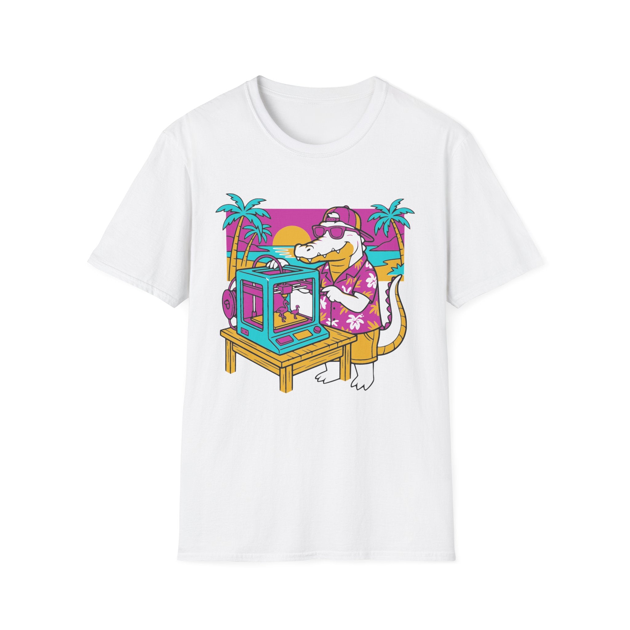 Retro Crocodile Playing Arcade Machine T-Shirt | 80s Sunset Palm Beach