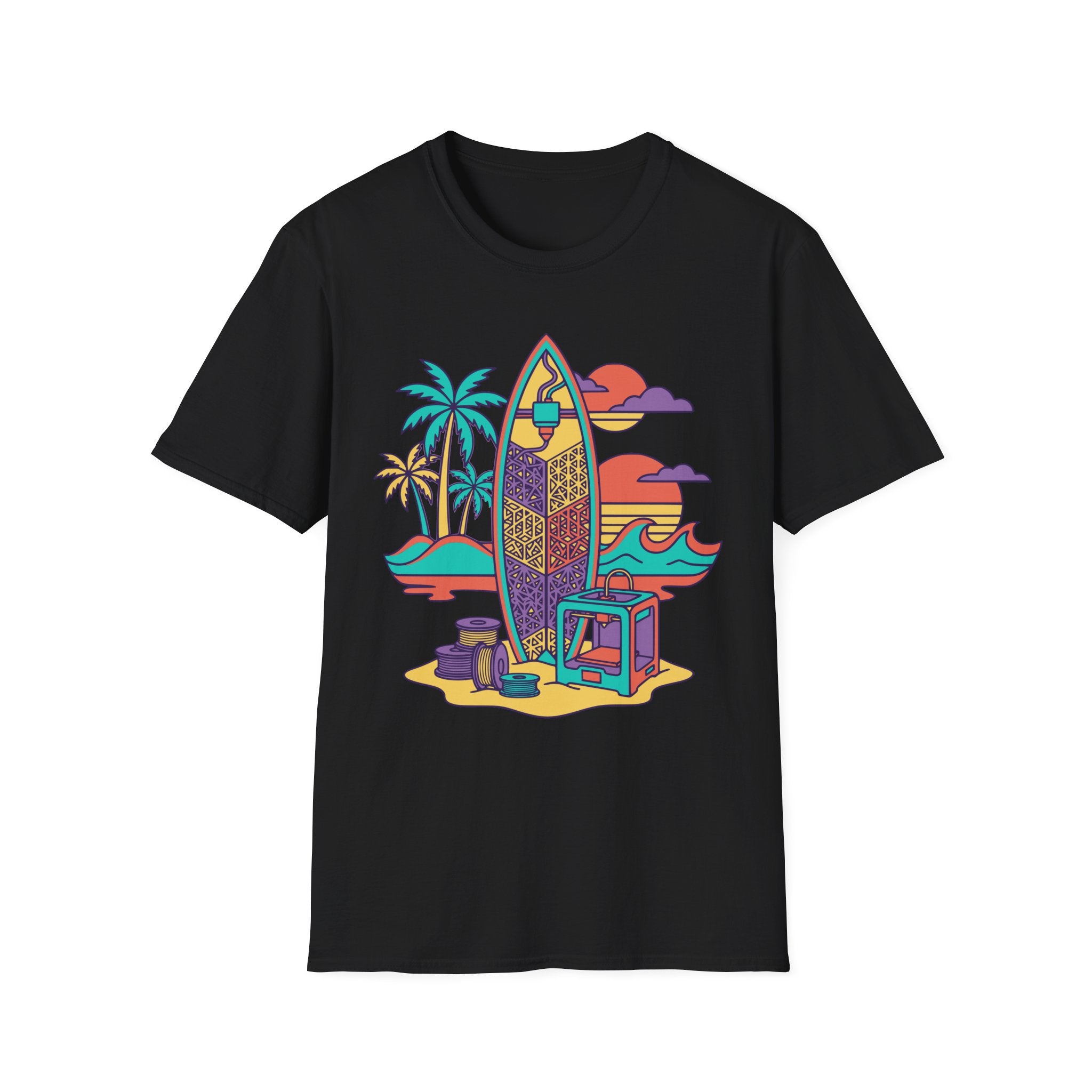 Retro Surfboard Beach Scene T-Shirt | Sunset Palm Waves