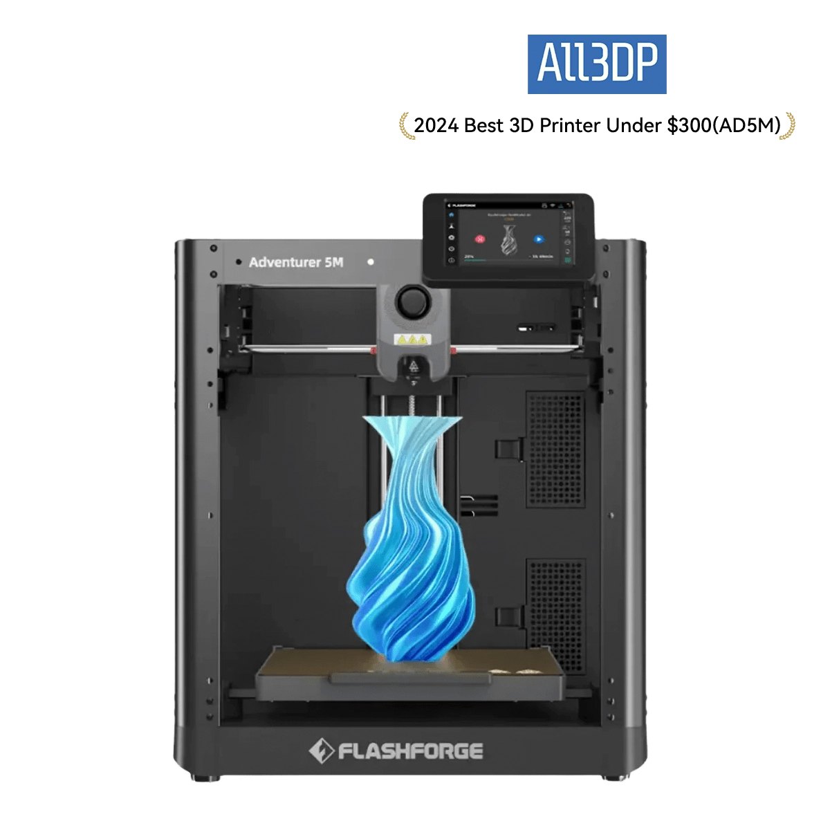 Flashforge AD5M front view with blue filament print